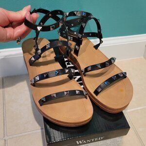 Black Strappy Studded Sandals Flats - Like New - Size 6